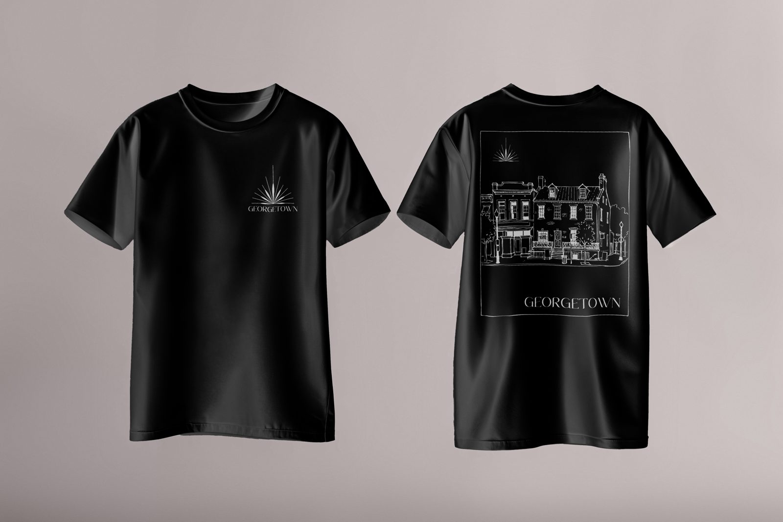Black Georgetown Dispensary t-shirt, brand motif on the chest and a line-art rowhouse on the back